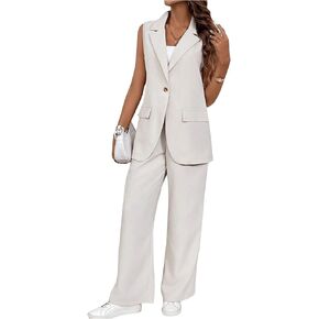 GORGLITTER Women's 2 Piece Outfits Sleeveless Business Casual Blazer Vest Elastic Waist Pants Set