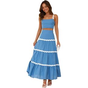 IDOPIP Women Boho Summer Camisole Top with Tiered Flowy Maxi Skirt Casual Contrast Rickrack Trim Spaghetti Straps 2PCS Outfit