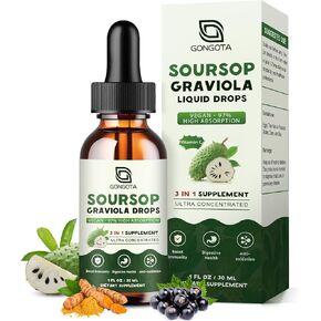 Soursop Graviola Liquid Drops, Organic Soursop Bitters with Elderberry & Turmeric for Cellular ,Immune, Digestive Support, Natural Antioxidants, Herbal Extracts, Sugar Free/Gluten Free - 1 fl oz