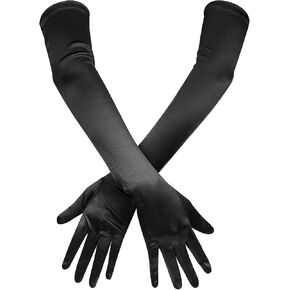 VIBILIA Long Opera Gloves for Women, 1920s Satin Tea Party Gloves Costume, Stretchy Adult Size Elbow Length Black Gloves