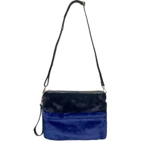 Two Toned Faux Fur Crossbody Bag - Wristlet Purse, Fluffy Fuzzy Shoulder Handbag - Zippered Furry Clutch Adjustable Strap