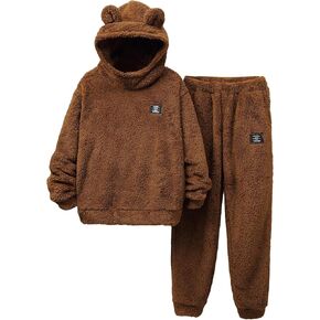 Boy's 2 Piece Outfits 3D Ears Design Long Sleeve Flannel Hoodie Sweatshirt and Elastic Waist Pants Set