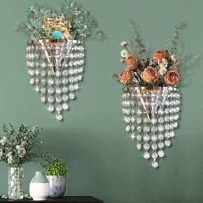 2 Pack Metal Flower Vase for Wall Crystal Vase Decor Hanging Decoration Floral Holder for Home Office Living Room Bedroom Bathroom (Silver)