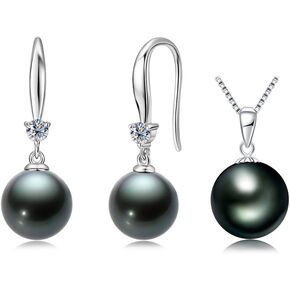 18K Gold 10-11mm Tahitian Pearl Pendant Necklace and 925 Sterling Silver 9-10mm Pearl Dangle Earrings Jewelry Set