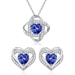 Iefil Birthstone Necklace and Rose Heart Birthstone Earrings Set