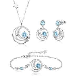 FANCIME Moon Star Jewelry set, March Birthstone Necklace Bracelet 925 Sterling Silver Earrings Aquamarine Pendant Fine Jewelry Anniversary Birthday Gifts for Her Mom