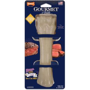 Nylabone Gourmet Style لعبة مضغ قوية لعظم الفخذ للكلاب، ألعاب مضغ للكلاب، نكهة ضلع الطفل الخلفي، كبيرة/عملاقة (عدد واحد)