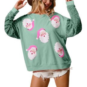 UAURORAO عيد الميلاد الترتر بلوزات النساء بريق التصحيح Crewneck البلوز القمم سباركلي مطبوعة عيد الميلاد قميص طويل الأكمام