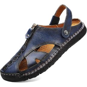 JAMONWU Men's Casual Closed Toe Adjustable Leather Sandals Handmade Fisherman Beach Sandals