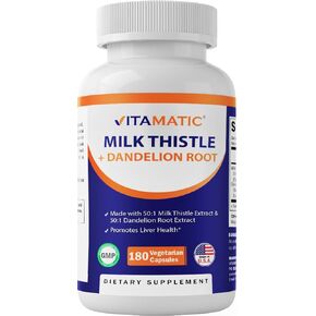 Vitamatic Milk Thistle 50:1 Extract 500mg (25000mg Equivalent), Dandelion Root 50:1 Extract 100mg (5000mg Equivalent), 180 Vegetarian Capsules, Non-GMO, Gluten Free