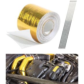 Zlirfy 2"x29.5FT/2"x16FT Gold Self Adhesive Backed Heat Barrier Tape,Reflective High Temperature Heat Shield Wrap Tape,Fiberglass Heat Shield High Temp Protection,Compatible with Car Intake Pipe (9M)