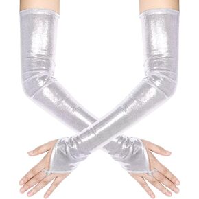 Women's Long Fingerless Metallic Gloves Shiny Long Elastic Metalic Satin Gloves Rave Costume Opera Party Gloves