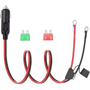 12AWG Heavy Duty Cigarette Lighter Plug, 12-24V Male Cigarette Lighter Adapter to O Ring Terminal Harness Cord, with LED Lights and Protection Fuse for Safety-3FT
