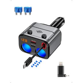 186W Retractable Car Charger - 5-in-1 Cigarette Lighter Adapter Splitter Compatible with iPhone 16/15/14/13/12/11, iPad Pro, S24/23/22, Pixel 9/8/7