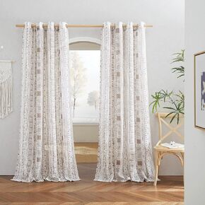 NICETOWN Boho Curtains Living Room Flax Linen Sheer, Farmhouse Grommet Vertical Privacy Semi Sheer Drapes Bohemian Stripe Pattern with Light Filter for Bedroom/Living Room, W50 x L84, Taupe, 1 Pair