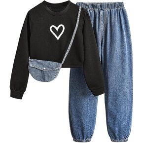 MakeMeChic Girl's 3 Piece Cute Outfit Heart Print Sweatshirt and Elastic Waist Bag Set with Denim Crossbody Bag