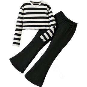 MakeMeChic Girl's 2 Piece Outfit Striped Long Sleeve Crew Neck Crop Top and Ruched Wide Leg Pants Set