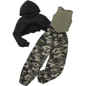 Girl's 3 Piece Outfits Cropped Hoodie Ribbed Knit Tank Top and Camo Jogger Sweatpants Set