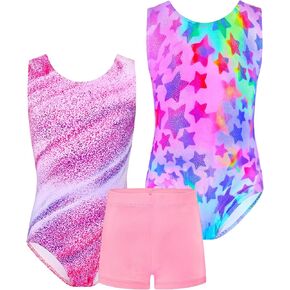TENVDA Bundles of Gymnastics Leotards for Girls 8-9 Years Old Pink Stripes and Hotpink Stars Print Sleeveless Tumbling Outfit