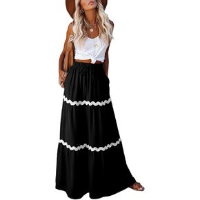Happy Sailed Womens Boho Maxi Skirts Colorblock Wave Striped Elastic High Waist A Line Flowy Long Skirts with Pockets