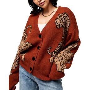 Women Tiger Print Cardigan Sweater Long Sleeve Button Down Knitwear Loose Fit Cropped Cardigan Cute Fall Streetwear