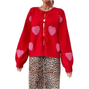 MakeMeChic Women's Heart Crew Neck Tie Front Cardigan Sweater Long Sleeve Cute Outerwear