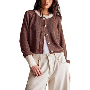 PUWEI Women's Color Block Cardigan Sweaters Button-Up Long Sleeve Cropped Knited Jacket Casual Round Neck Trendy Tops