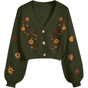 Women's Floral Embroidery Hippie Crop Cardigan Sweater Cottagecore Button Down V Neck Long Sleeve Sweater Knit Top