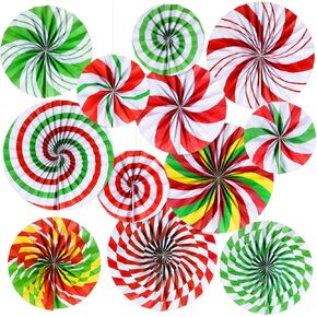 12 Pcs Christmas Candy Hanging Paper Fans Decorations Peppermint Hanging Fans Round Red Green Xmas Candy Party Garland Decor for Christmas Classroom Ceilings Wall Birthday Party Supplies
