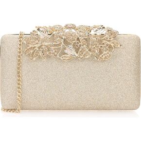 Dexmay Glitter Clutch Bag with Crystal Floral Clasp Women Evening Handbag Formal Party Purse Gold