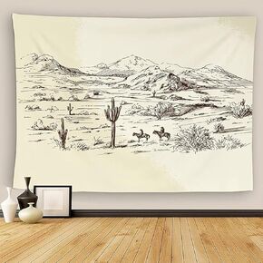 Mountain Tapestry Wall Hanging Western American Wild West Desert Cowboys Sketch Landscape Wall Tapestry Wall Decor For Bedroom Living Room Outdoor Wall Art 60x80 Inch