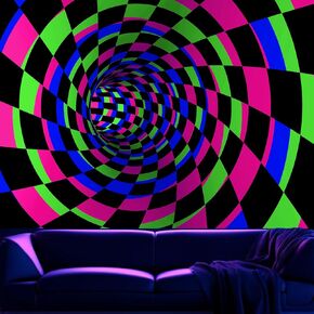 Blacklight 3D Wall Tapestry for Bedroom, UV Reactive Checkered Tunnel Decor Wall Hanging, Black Light Tapestries Aesthetic Large Art Decor for Living Room Dorm 51"x60"