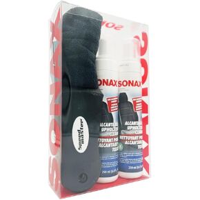 SONAX Alcantara & Upholstery Protectant Bundle, Removes Stains & Restores Color on delicate Alcantara & Upholstered Surfaces - 2 Qty. 250 ml Bottles With Horse Hair Upholstery Brush & Microfiber Towel