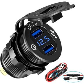 Quick Charge 3.0 Dual USB Charger Socket,with LED Digital Voltmeter & Wire Fuse DIY Kit,Aluminum Power Outlet Fast Charge, for 12V/24V Car, Golf Cart, Boat, RV, Motorcycle, Truck and More