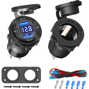 Qidoe Cigarette Lighter Socket 12 Volt USB Outlet Dual 30W PD & Dual Quick Charge 3.0 18W, 2 in 1 150W Aluminum Metal Charger Panel with LED Voltmeter for Marine Car RV Motorcycle Golf Cart, etc