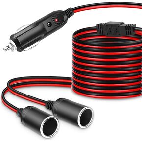 ELECTOP 1 to 2 Car Cigarette Lighter Splitter Adapter Power Charger Port, 6Ft Cigarette Lighter Extension Cord Cable 16AWG UL Wire, 12V 24V Plug Socket 2-Way Splitter Y Adapter with 15A Fuse