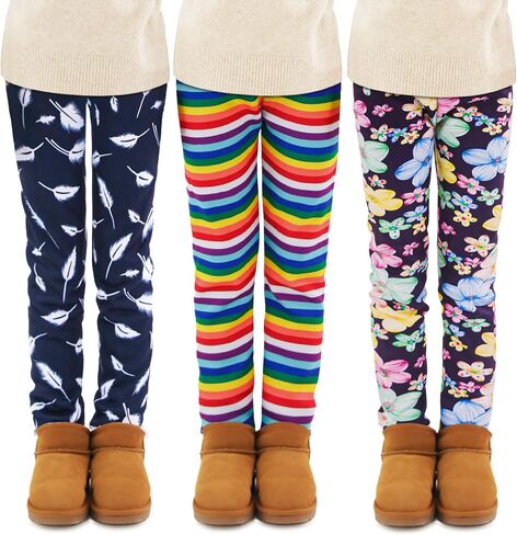 TODDOR 3 Pack Girls Printed Fleece Lined Leggings Thick Thermal Tights Warm Ankle Length Pants Winter Clothes for Kids in Kuwait