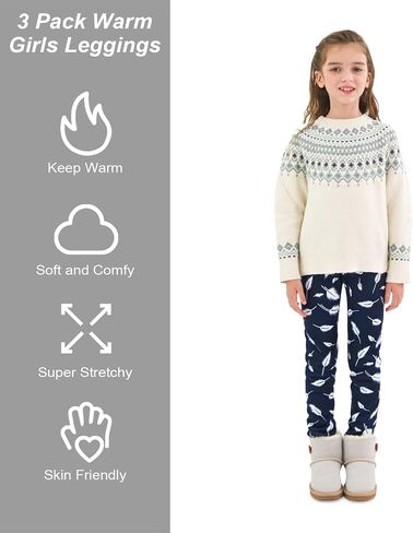 TODDOR 3 Pack Girls Printed Fleece Lined Leggings Thick Thermal Tights Warm Ankle Length Pants Winter Clothes for Kids in Kuwait