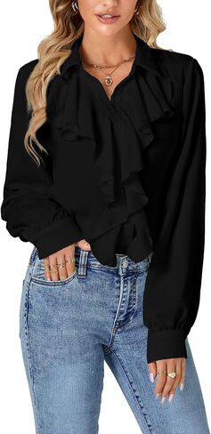 LYANER Women's Dressy Ruffle Blouse Long Sleeve Collar Neck Button Down Victorian Shirt Tops in Saudi Arabia