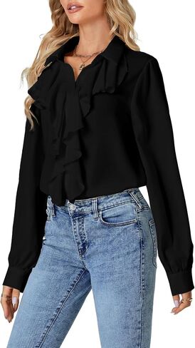 LYANER Women's Dressy Ruffle Blouse Long Sleeve Collar Neck Button Down Victorian Shirt Tops in Saudi Arabia