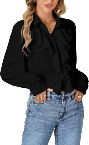 LYANER Women's Dressy Ruffle Blouse Long Sleeve Collar Neck Button Down Victorian Shirt Tops in Saudi Arabia