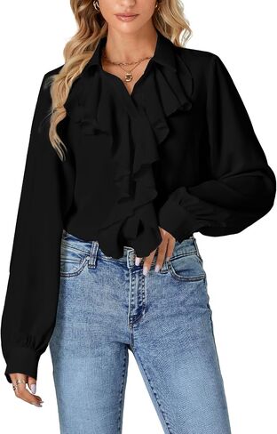LYANER Women's Dressy Ruffle Blouse Long Sleeve Collar Neck Button Down Victorian Shirt Tops in Saudi Arabia