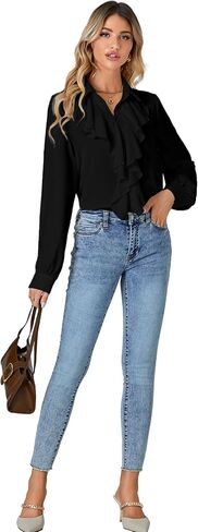 LYANER Women's Dressy Ruffle Blouse Long Sleeve Collar Neck Button Down Victorian Shirt Tops in Saudi Arabia