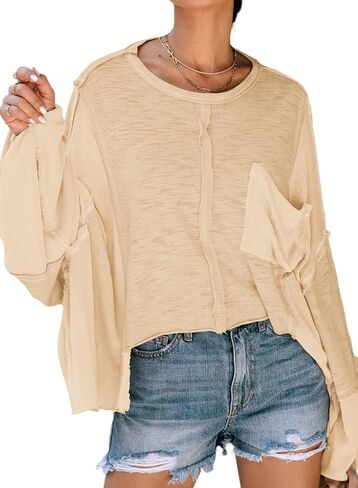 LEMAFER Women's Exposed Seam Chest Pocket Loose Sleeve Oversized Tunic Top Casual Solid Patchwork Long Sleeve Blouse in Saudi Arabia