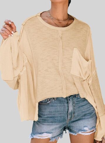 LEMAFER Women's Exposed Seam Chest Pocket Loose Sleeve Oversized Tunic Top Casual Solid Patchwork Long Sleeve Blouse in Saudi Arabia