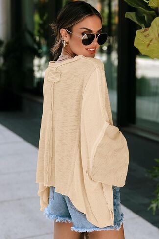 LEMAFER Women's Exposed Seam Chest Pocket Loose Sleeve Oversized Tunic Top Casual Solid Patchwork Long Sleeve Blouse in Saudi Arabia