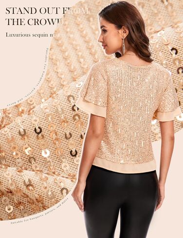 DRESSTELLS Women's Sparkly Sequin Tops, Glitter Holiday Party Cocktail Blouse, Ruffle Evening Club Concert Shirts in Kuwait