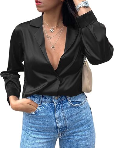 Chigant Womens Satin Silk Blouses Button Down Long Sleeve Shirt V Neck Tops in Saudi Arabia