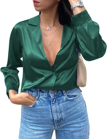 Chigant Womens Satin Silk Blouses Button Down Long Sleeve Shirt V Neck Tops in Saudi Arabia