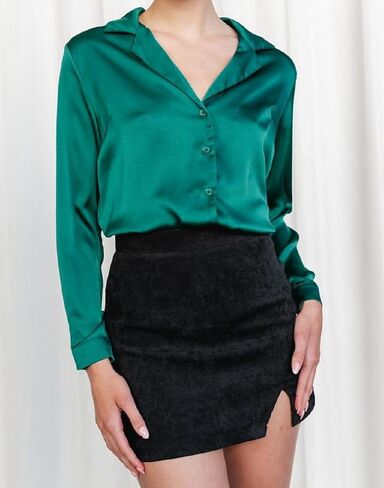 Chigant Womens Satin Silk Blouses Button Down Long Sleeve Shirt V Neck Tops in Saudi Arabia